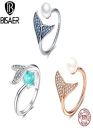 BISAER 100 925 Sterling Silver Ring Female Mermaid Tail Adjustable Finger Rings for Women Wedding Engagement Jewelry S925 GXR286 1882630