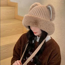 Berets Plush Warm Hat Cute Ear Protection Woollen Yarn Fur Beanie Big Head Circumference Cartoon Ears Knitted Women