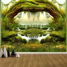 Tapestries Forest Tapestry Nature Plant Tree Cave Green Misty Bridge And River Landscape Jungle Creek Wall Hanging Cloth