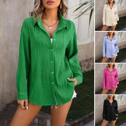 Women's Blouses Women Spring Autumn Shirt Lapel Long Sleeve Button Down Office Blouse Top Solid Color Wave Textured Party