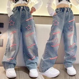 Girls School Wide Leg Pants with Heart Star Design Casual Loose Kids Fashion Long Jeans Children Korean Style Trousers 240418