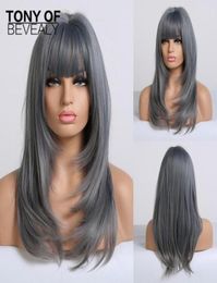 Long Wavy Ombre Blue Wigs Heat Resistant Synthetic Wigs With Bangs For African American Women Coaplay Natural Hair42092403311833