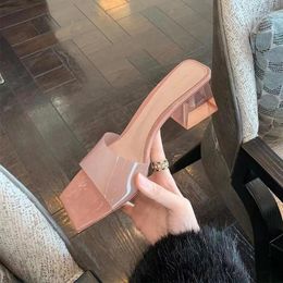 Slippers Pink Transparent High Heels Sexy Women's 2024 Fashion Crystal Rhinester Ladies Sandals Open Toe Shoes Thick Heel Mule