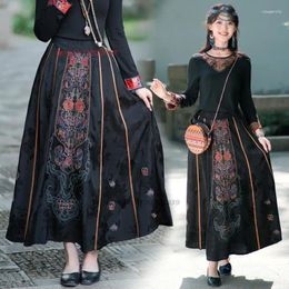 Ethnic Clothing 2024 Chinese Vintage Improved Skirt National Flower Embroidered Satin Jacquard Oriental Traditional Folk A-line Long