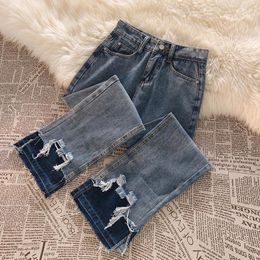 Women's Jeans Ripped Hole For Women 2024 Autumn Fashion Tassel Patchwork Denim Trousers Ladies Vintage High Waist Straight Pants