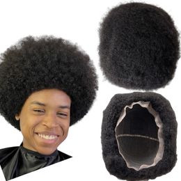 6 Inches Brazilian Virgin Human Hair Replacement #1b Black Colour 4mm Afro Male Wigs 12x14 Full Lace Wig for Black Men