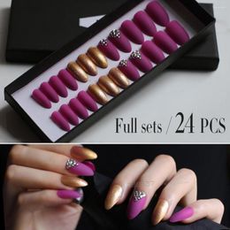 False Nails Lots Of Golden Glitter 10PCS 24PCS Matte Deep Rose Red Stiletto Nail DIY 3d Shiny Press On Fake Bling Crystal