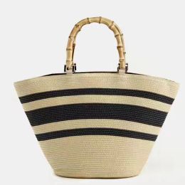 Bags Fashion casual Women's bag shoulder Colour matching striped straw tote Bamboo handle handbag PP grass woven bag