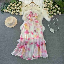 Basic Casual Dresses Summer Sweet Vestidos De Mujer Tie-dye Print 3D Floral Halter Neck Backless Female Elegnt Dresses Chiffon Long Dress Dropship 240419