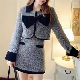 Work Dresses Elegant Lady Soft Mohair Coat Mini Skirt Two Pieces Women Set Single Breast Bowknot Long Winter Warm Girls