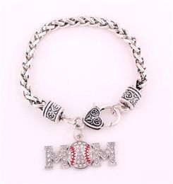 Antique Sliver Plated MultiColor Studded With Sparkling Crystal MOM BASEBALL Or SOFTBALL Pendent Charm Sports Wheat Bracelet298t2217226