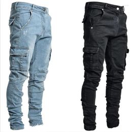 Men's Jeans Mens Cargo High Quality Mul-Pocket Blue Casual Denim Pencil Pants Slim Fit Vintage Black Hip Hop Streetwear Mans Trousers