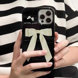 Cell Phone Cases Korean Cute Ribbon Bow Soft Silicone Case for iPhone 15 14 12 11 Pro Max X XR 7 8 Plus Smooth Shockproof Soft Black TPU Cover J240418