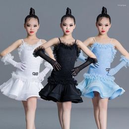 Stage Wear Blue White Black Latin Dance Dress Girls Performance Costume Kids Rumba Samba Chacha Ballroom Dancing