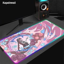 Mouse Pads Wrist Rests Anime Genshin Impact RGB Mouse Pad Yae Miko Gamer Mousepads Gaming Mousepad Keyboard Mat Large Mouse Pads LED Computer Desk Mats Y240419