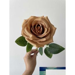 Decorative Flowers & Wreaths 10Pcs Toffee Artificial Rose Flower With Long Stems Silk In Wholesale For Wedding Home Party Office Decor Dhc4I