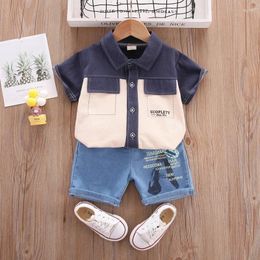 Clothing Sets 2024 Boutique Baby Boy Summer Clothes For Kids Boys 2 To 3 Years Patchwork Pocket Denim Short Sleeve Shirts And Shorts Suit