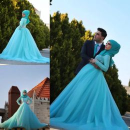 2024 Muslim Wedding Dresses Sky Blue Long Sleeve High Neck Lace Crystal Bridal Gowns Custom Made Plus Size A-Line Wedding Dress