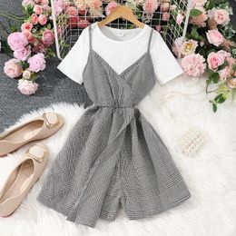 Girl Dresses Vintage Houndstooth Romper Teens Girls Clothes Short Sleeve 13 14 15 16Years Casual Cute Fake 2 Piece Plaid Teenager's Clothing