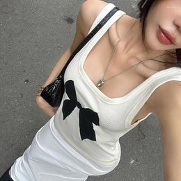 Women's Tanks Y2k Bow Print Cute Tight Suspenders 2024 Fashion Sexy Round Neck Elastic Short Top Slim Fit Sports Vest For Ladies