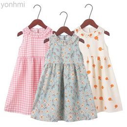 Girl's Dresses Summer Dresses for Girls Kids 2-12 Years Princess Cute Floral Peaches Printed Sleeveless Petal Collar Pullover Daily Dress d240423