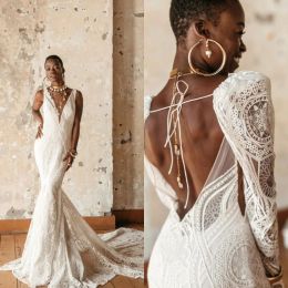 Mermaid Wedding Dresses Sexy Deep V Neck Sleeveless Appliques Lace Bridal Gowns Spring Custom Made Open Back Sweep Train Wedding Dress
