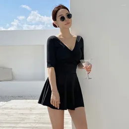 Women's Swimwear 2024 One Piece Swimsuit Korea Style Black Dress Beachwear Cute Short Sleeve Slimfit Monokini Beach Bathing Suit Women