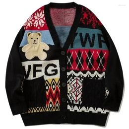Men's Sweaters Embroidery Bear Cardigan Sweater For Men/Women Winter Japanese Cartoon Hip Hop Loose Colour Block Knitwear Coat Vintage