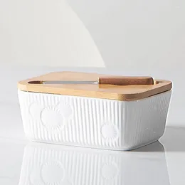 Plates European Style Embossed Ceramic Butter Box With Knife Bamboo Lid White Cheese Small Bowl Pan Kitchen Storage