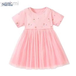 Girl's Dresses Little maven 2024 Summer Princess Kids Clothes Pink Children s Clothing Baby Girls Cotton Cartoon Infant Mesh Dresses Vestidos d240419