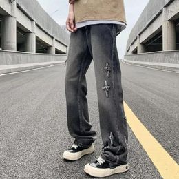 Men's Jeans Denim Straight Leg Men Gradient Color Splicing Pants With Distressed Cross Pattern For