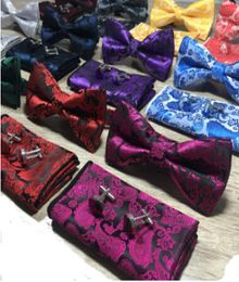 Paisley Bow Tie Set Bow Tie And Hanky Cufflinks Set Silk Jacquard Woven Men Butterfly BowTie Pocket Square Handkerchief Suit Wed7327028