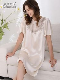 Women's Sleepwear 19 Momme Genuine Silk Dress Women Summer Short Sleeve Sexy Lace O-neck Elegant Nightgowns S5807