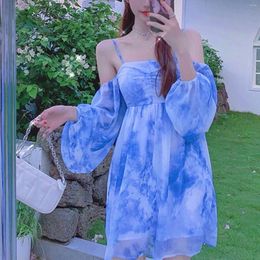 Casual Dresses Sweet Tie Dyed Mini Dress Sexy Suspender Bubble Sleeve Summer Women Chiffon A-line Short Party Vestidos Para Mujer