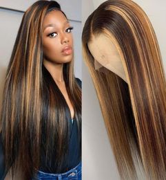Highlight Brown Mixed Blonde Brazilian Wigs Straight Human Hair Machine made Synthetic Ombre Lace Frontal Wig2524855