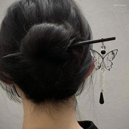 Hair Clips Woman Butterfly Sticks Ink Clasp Chinese Style Wood Tassel Fork Chopsticks Hairpin Head Jewelry