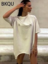 Women's T Shirts BKQU Rhinestone Loose T-Shirts Women 2024 Irregular Short Sleeve O-neck Fashion Tees Pullovers Diamond Female Y2K