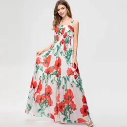 Casual Dresses Fashion Designer Summer Long Women's Sexy Spaghetti Strap Flower Print Elegant Vacation Party Maxi Dress 2024