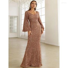 Casual Dresses 2024 Spring Summer Fashion V-neck Hip Sequined European And American Style Dress Mid-Waist Flared Sleeve Long Evening