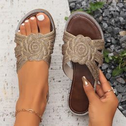 Slippers Summer Flat 2024 Outdoor Rhinestone Plus Size Women's Shoes White Brown Sexy Fashion Travel