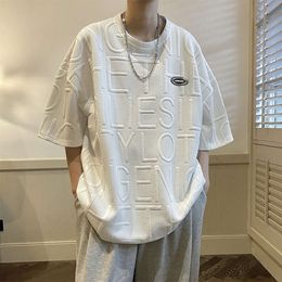 3D Jacquard Short Sleeved T-shirt for Men's Summer Korean Version Trendy Quarter Sleeved Ruffled and Handsome, Loose and Versatile Casual T-shirt