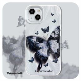 Cell Phone Cases Oil painting black and white butterfly iPhone 14promax suitable for 15pro phone case 13 protective small fresh H240419