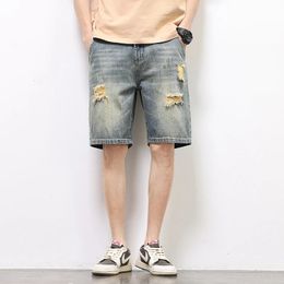 Summer Mens Vintage Denim Shorts Ripped Holes Baggy Straight Casual Short Jeans Fashion Korean Hip Hop Streetwear 240416
