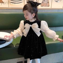 Girl's Dresses Girls Princess Black Velvet Dress Spring Autumn Clothes Sequin Children Clothing Baby Kids Bow Fashion Tulle Sleeves Dresses d240419