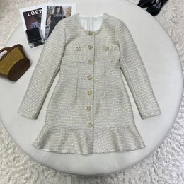 Casual Dresses 2024 Women's Fashion Long-sleeved Crew Neck Gold Buckle Tweed Fishtail Dress 1120