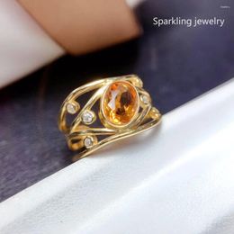 Cluster Rings Ly Designed Natural Citrine Ring 6 8mm Hollowed Out Women's On 925 Sterling Silver Jewelry