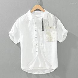 Men's Casual Shirts Pure Linen Short Sleeved Shirt Summer Splicing Fashionable Contrasting Color Cardigan Square Collar
