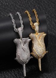 NEW Hip Hop Rose Flower Bling Pendant Necklace Micro Pave Cubic Zirconia with Chain 18K Gold Plated Jewellery Rapper Accessories Lov9960493