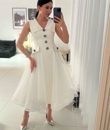 White A Line With Button Prom Dresses V Neck Ankle Length Cocktail Party Dress Draped Tulle Skirt Formal Short Evening Gown