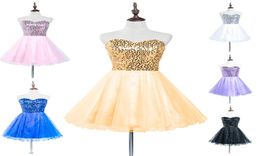 2019 Fashion Sequins Homecoming Dresses Lace up Mini Tiered Tulle Strapless Gold Pink Lilac White Black Blue Cheap Short Prom Gown1961795